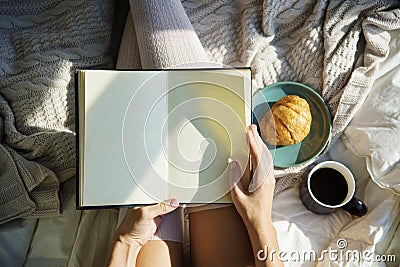 Woman Reading Book Novel On Bed Breakfast Morning Stock Photo