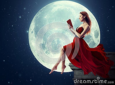 Woman reading book over full moon Cartoon Illustration