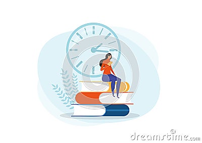 Woman reading book, sitting on stack of giant books. Time to read books Concept Flat vector illustration Vector Illustration