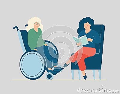 Woman reading a book to an elderly person with a disability uses a wheelchair. Alzheimer disease, mental health concept. Vector Illustration