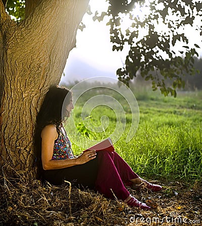 Woman reading book under tree Stock Photo