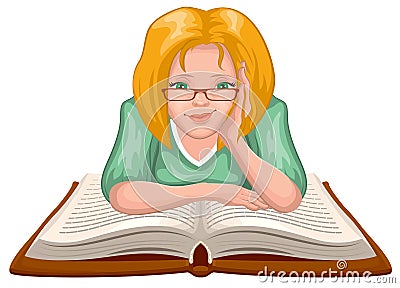 Woman reading book. Young woman in glasses placed his hands on an open book Vector Illustration