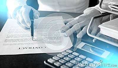 Woman reading a car purchase contract; multiple exposure Stock Photo