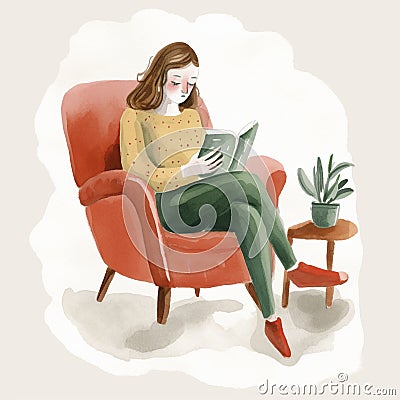 Woman reading in comfy chair, sketch llustration Created with generative AI technology. Stock Photo