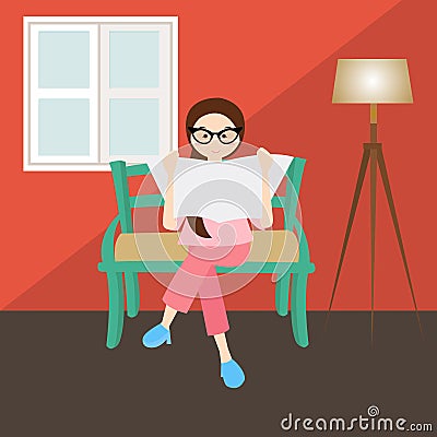 Woman reading in corner living room house home window glasses Vector Illustration