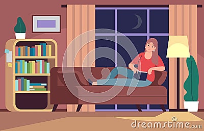 Woman reading in couch. Young girl in bedroom reads book under light lamp on sofa, relaxing home rest flat vector Vector Illustration