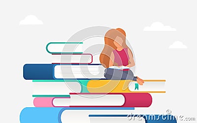 Woman reading, education concept, bookreader student studying, sitting on pile books Vector Illustration