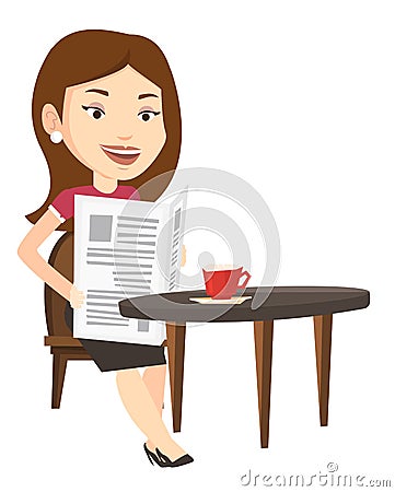 Woman reading newspaper and drinking coffee. Vector Illustration