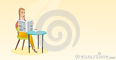 Woman reading a newspaper and drinking coffee. Vector Illustration