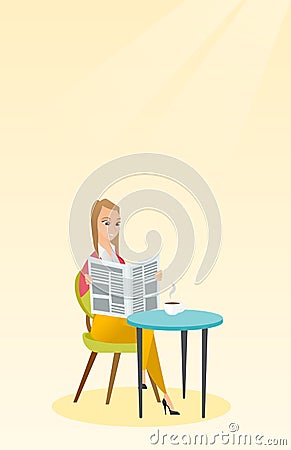 Woman reading a newspaper and drinking coffee. Vector Illustration