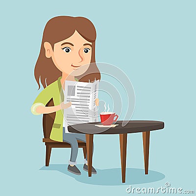 Woman reading a newspaper and drinking coffee. Vector Illustration