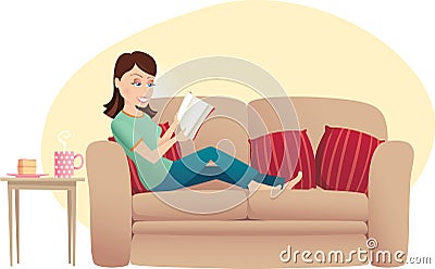 Woman reading on sofa Vector Illustration
