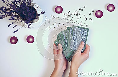 Woman is reading Tarot cards top view Stock Photo