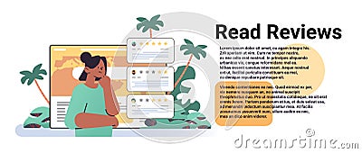 woman reading testimonials or leaving comments consumer review for comment and rate service or goods customer feedback Vector Illustration