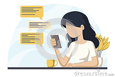 Woman Reads Messages Vector Illustration