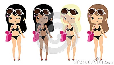 Woman ready for beach holding a bag in flipflops with sunglasses. Stock Photo