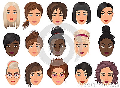 Woman realistic detailed avatar set vector illustration. Beautiful young girls female portrait with different hair style Vector Illustration