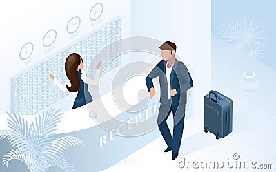 Woman Receptionist at Counter Welcome Man in Hotel Vector Illustration