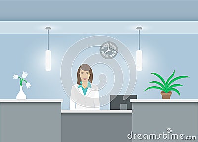Woman receptionist in medical coat at reception desk in hospital Vector Illustration