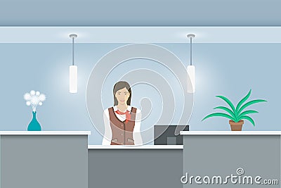 Woman receptionist in uniform stands at reception desk front view Vector Illustration