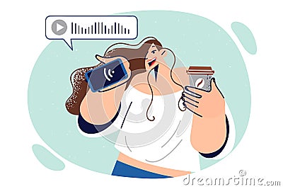 Woman records voice message on mobile phone and drinks coffee, communicating via online messenger. Vector Illustration