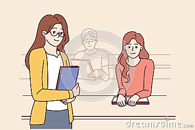 Woman rector and students seated in university auditorium to advertise education programs and grants Vector Illustration