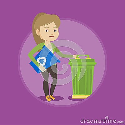 Woman with recycle bin and trash can. Vector Illustration