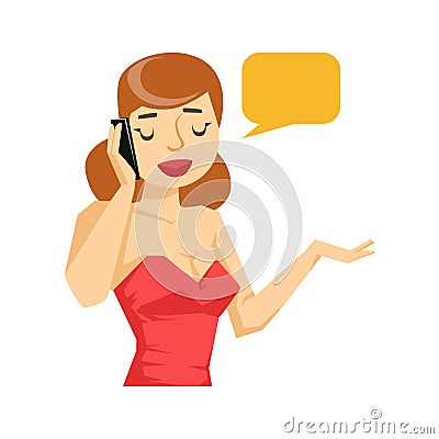 Woman In Red Blouse Chatting On Smartphone, Part Of People Speaking On The Mobile Phone Series Vector Illustration