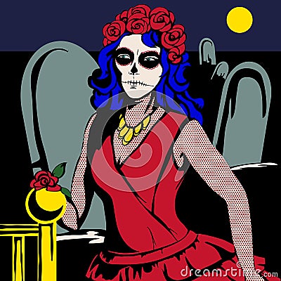 The woman in the red dress in the cemetery with makeup Santa de Muerto Vector Illustration