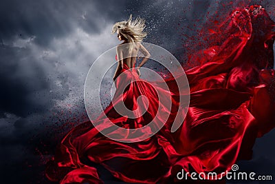 Woman in Red Dress Dance over Storm Sky, Gown Fluttering Fabric Stock Photo