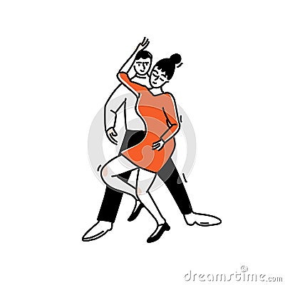 Woman in red dress dancing with man. Modern couple dance at party. Tango milonga vector outline illustration Vector Illustration