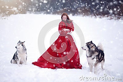 Woman on red dress with dogs Stock Photo