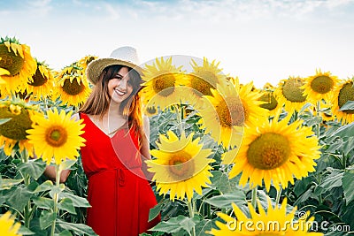 Woman with red dress and hat in sunflowers field Stock Photo