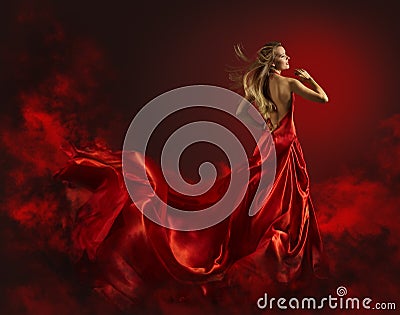 Woman in Red Dress, Lady Fantasy Gown Flying and Waving Stock Photo