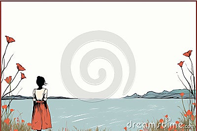 a woman in a red dress stands in front of a lake with poppies Stock Photo