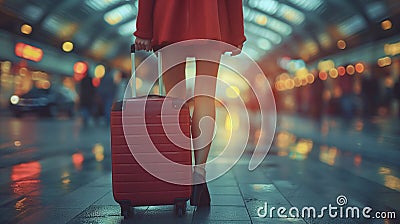 Woman in red dress with travel suitcase at the airport. Travel concept. generative ai art Stock Photo