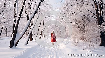 A Woman in red dress walking on a path in Winter landscape with fair trees under the snow. Scenery for the tourists. Christmas Stock Photo