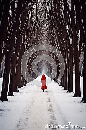 A Woman in red dress walking on a path in Winter landscape with fair trees under the snow. Scenery for the tourists. Christmas Stock Photo