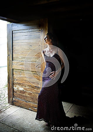 Woman in red evening dress standing in doorway Stock Photo