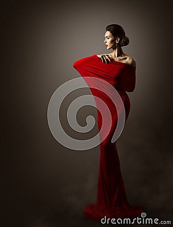 Woman Red Fashion Dress Art, Elegant Model Posing, Long Gown Stock Photo