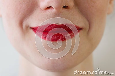 Woman is red lips close up indoor. Stock Photo