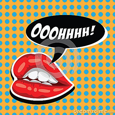 Woman red lips and comic speech bubble. Female mouth with speech bubble. Attractive girl lips and open mouth. American Vector Illustration