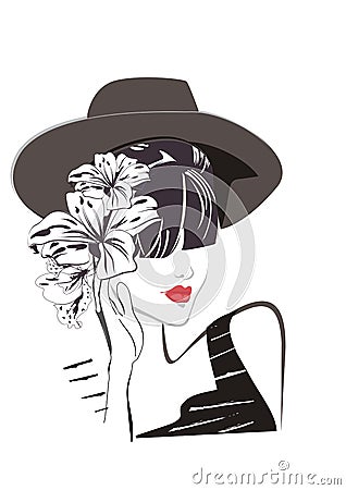 Woman with red lips in a hat, face and hands in lines. Female style. Vector Illustration