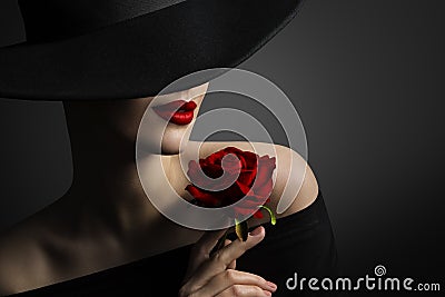 Woman Red Lips and Rose Flower, Fashion Model Beauty Portrait Stock Photo