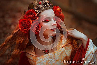 Woman in red medieval dress Stock Photo