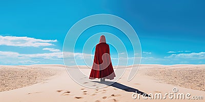 Woman in red veil staring in the desert. Little red riding hood concept. Stock Photo