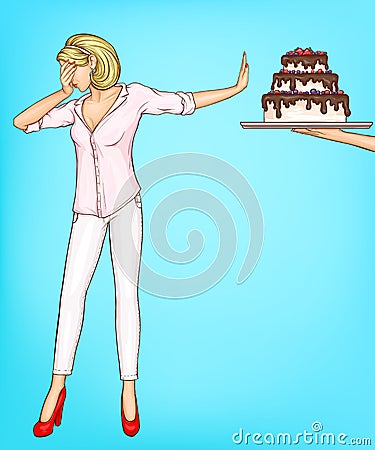 Woman refuse eating cake piece with stop gesture Vector Illustration