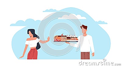 Woman refuses sweet dessert. Said no to food with sugar, diet or detox, diabetes. Stop hand gesture. Healthy lifestyle Vector Illustration