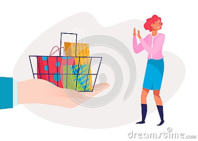 Woman refusing shopping bags offered by hand, denial of consumerism, making conscious choices. Rejecting materialism Vector Illustration