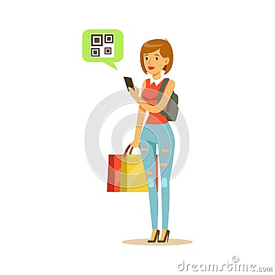 Woman Registering QR Code Shopping In Department Store ,Cartoon Character Buying Things In The Shop Vector Illustration